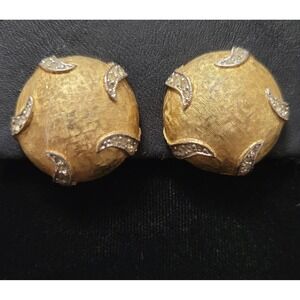 Vintage JOMAZ Signed Gold Tone Dome Smoky Rhinestone Clip On Earrings 7/8"